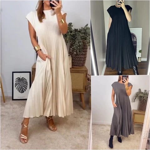 Eaksone - Women Pleated Simple Solid Color Dress