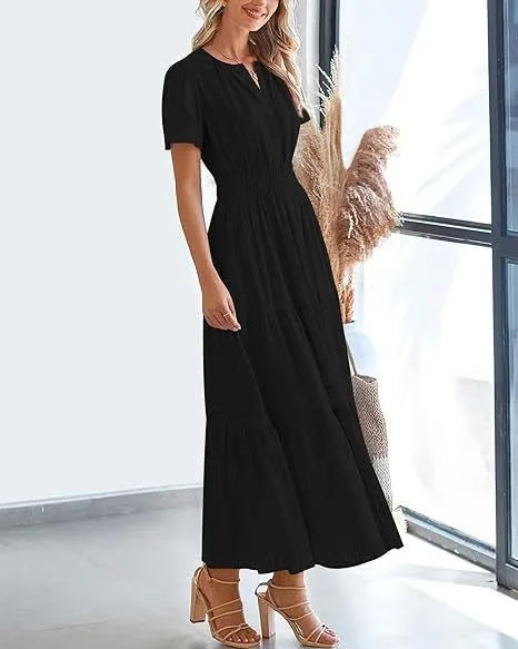 Eaksone - v-neck pleated puff sleeve dress black