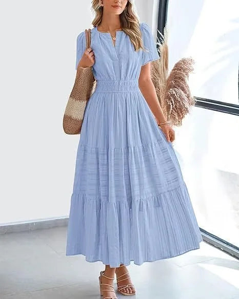 Eaksone - v-neck pleated puff sleeve dress black