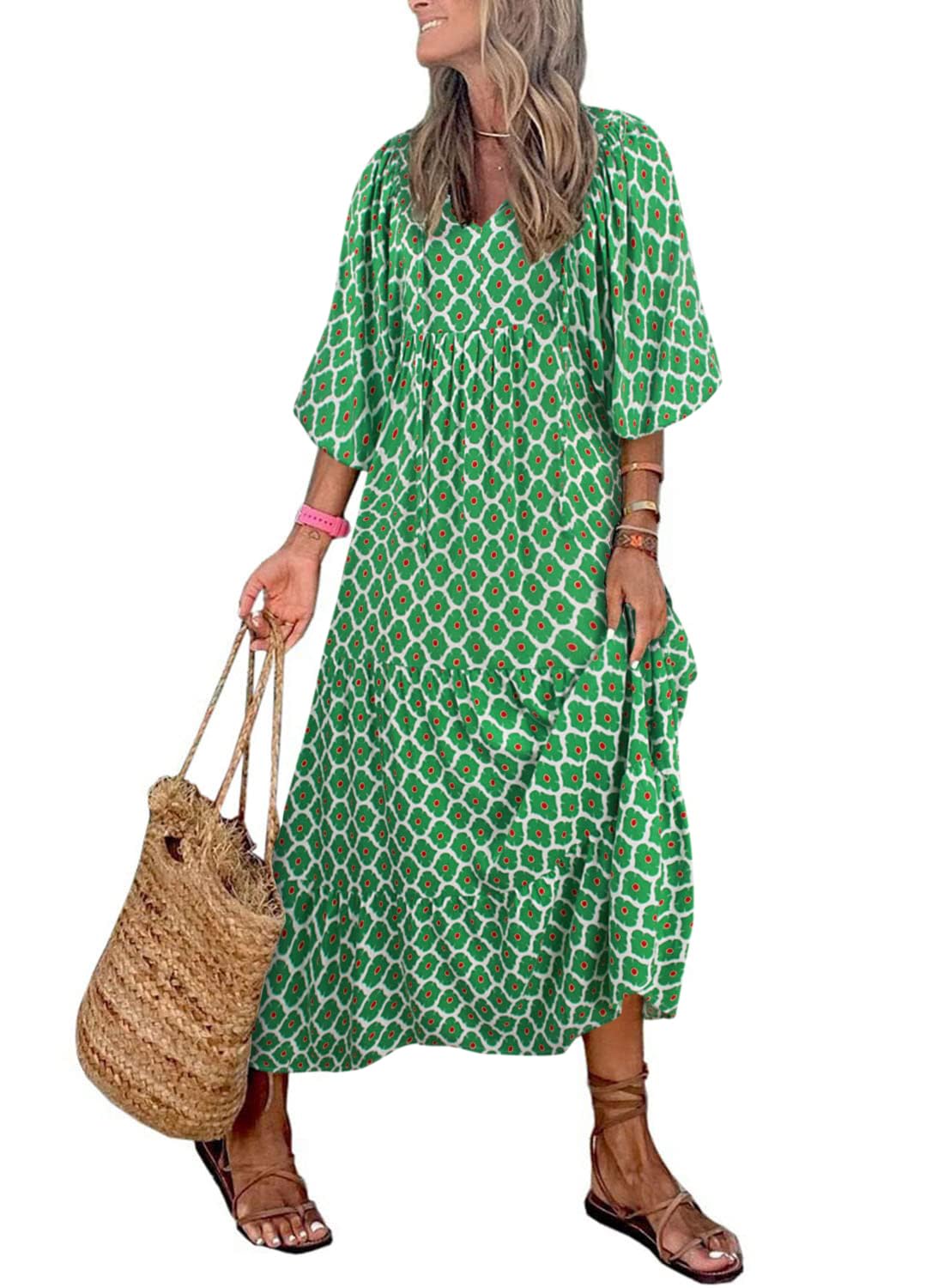 Eaksone - Women's Puff Sleeve Floral Boho Maxi Dress