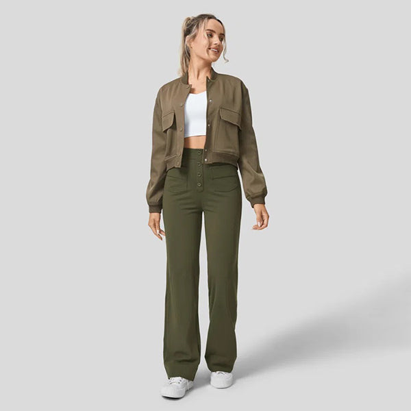 Eaksone - High Waisted Button Multiple Pockets Straight Leg Casual Pants