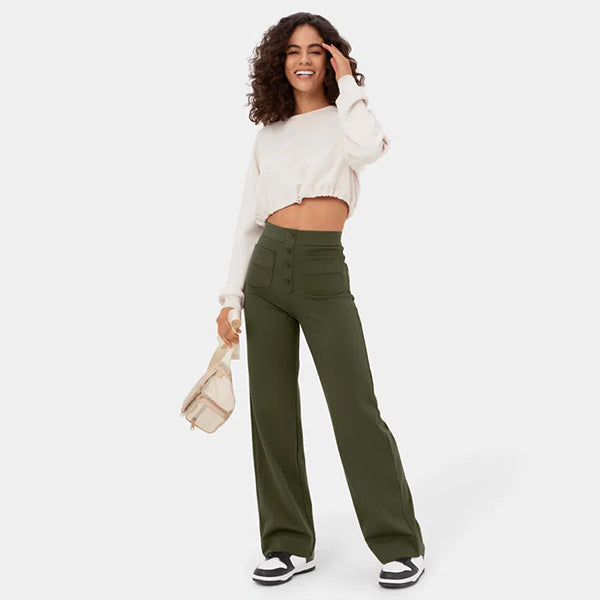 Eaksone - High Waisted Button Multiple Pockets Straight Leg Casual Pants