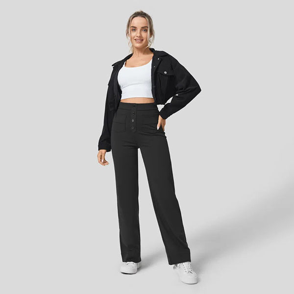Eaksone - High Waisted Button Multiple Pockets Straight Leg Casual Pants