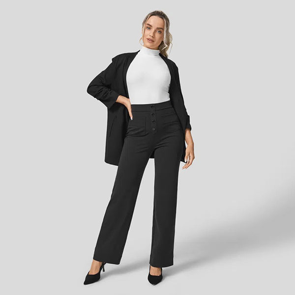 Eaksone - High Waisted Button Multiple Pockets Straight Leg Casual Pants