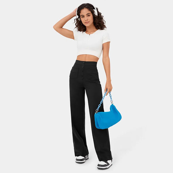 Eaksone - High Waisted Button Multiple Pockets Straight Leg Casual Pants