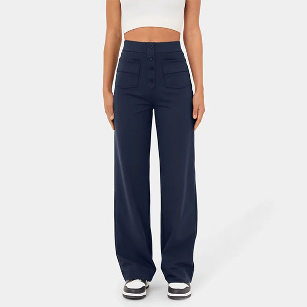 Eaksone - High Waisted Button Multiple Pockets Straight Leg Casual Pants