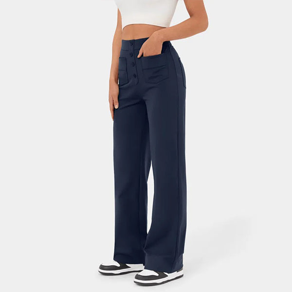 Eaksone - High Waisted Button Multiple Pockets Straight Leg Casual Pants