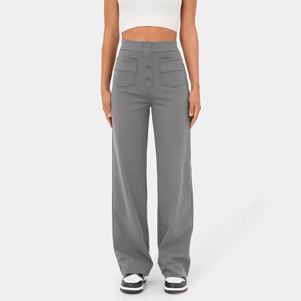 Eaksone - High Waisted Button Multiple Pockets Straight Leg Casual Pants
