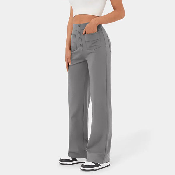 Eaksone - High Waisted Button Multiple Pockets Straight Leg Casual Pants