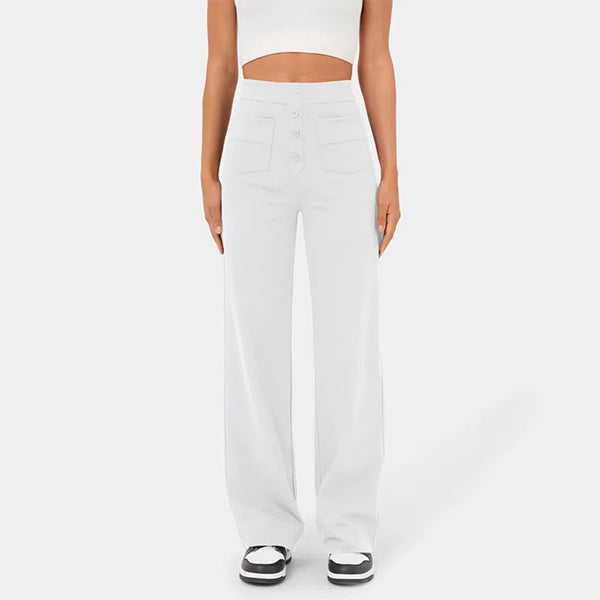 Eaksone - High Waisted Button Multiple Pockets Straight Leg Casual Pants