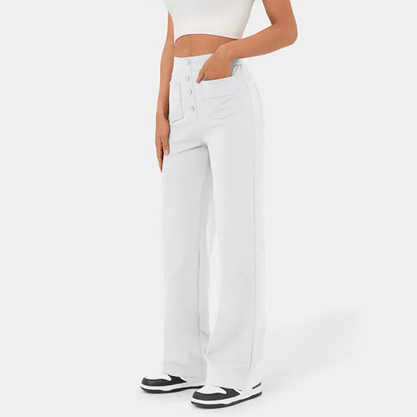 Eaksone - High Waisted Button Multiple Pockets Straight Leg Casual Pants