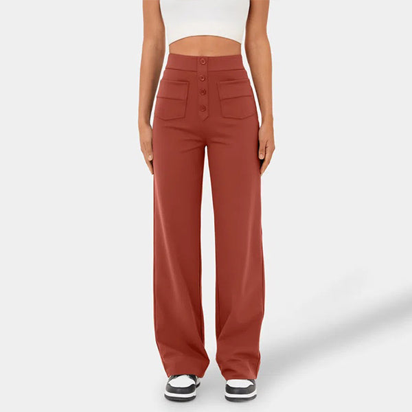 Eaksone - High Waisted Button Multiple Pockets Straight Leg Casual Pants