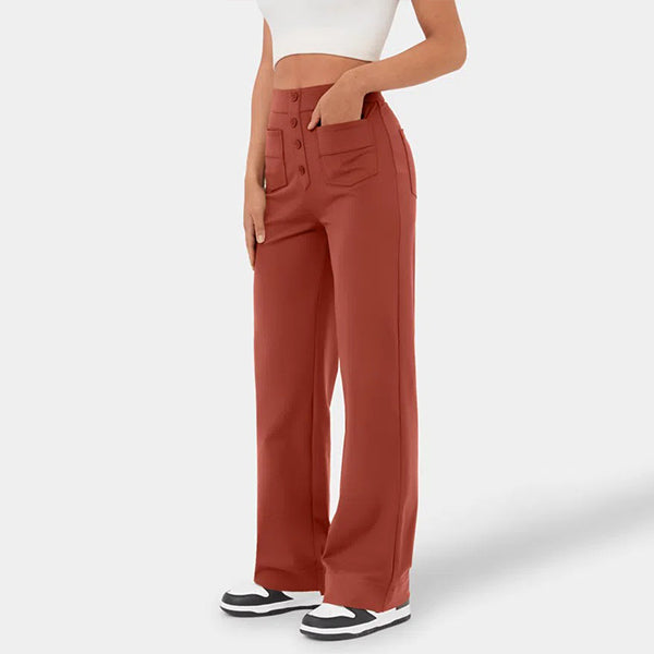 Eaksone - High Waisted Button Multiple Pockets Straight Leg Casual Pants