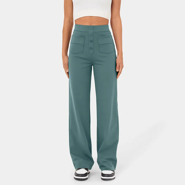 Eaksone - High Waisted Button Multiple Pockets Straight Leg Casual Pants