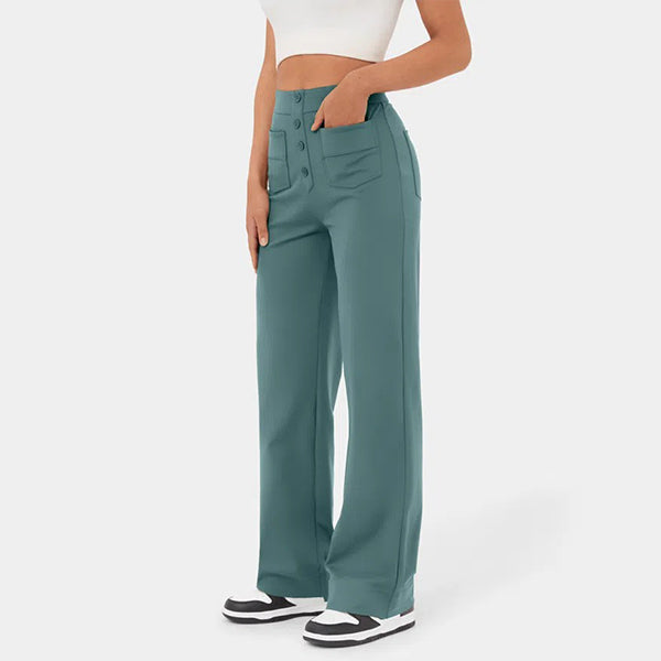 Eaksone - High Waisted Button Multiple Pockets Straight Leg Casual Pants