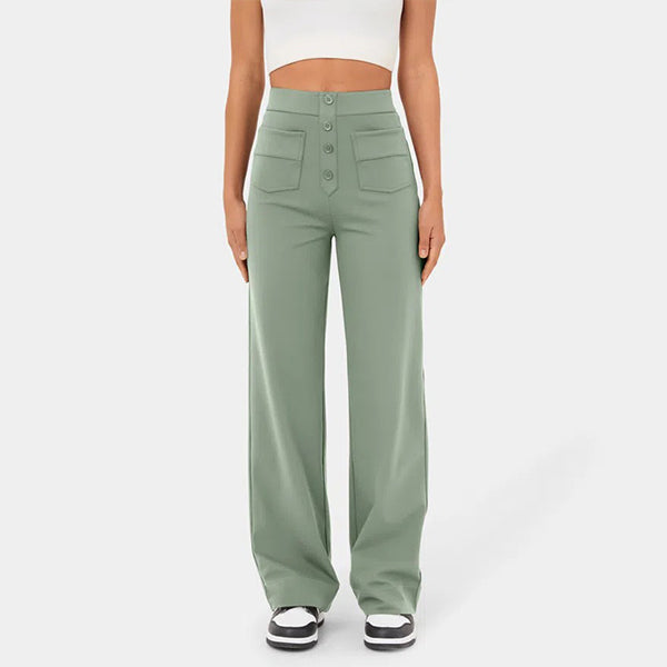Eaksone - High Waisted Button Multiple Pockets Straight Leg Casual Pants
