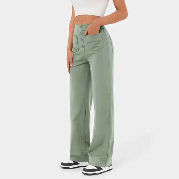 Eaksone - High Waisted Button Multiple Pockets Straight Leg Casual Pants