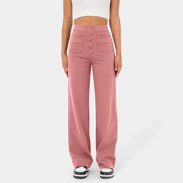 Eaksone - High Waisted Button Multiple Pockets Straight Leg Casual Pants
