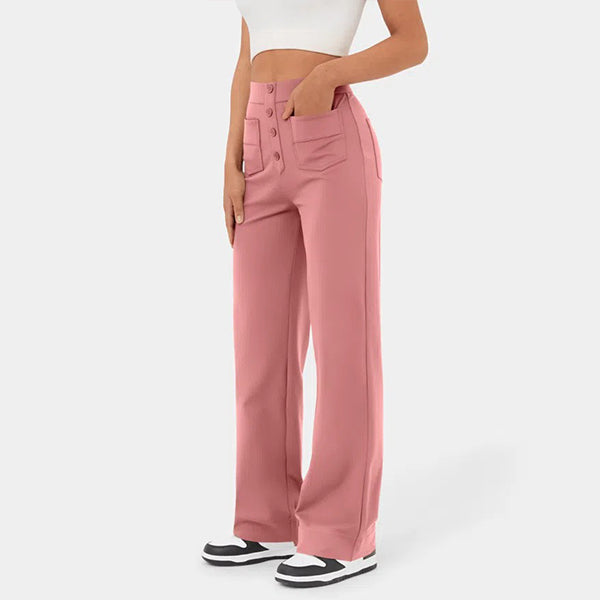 Eaksone - High Waisted Button Multiple Pockets Straight Leg Casual Pants