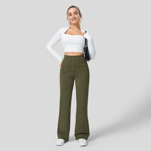 Eaksone - High Waisted Button Multiple Pockets Straight Leg Casual Pants