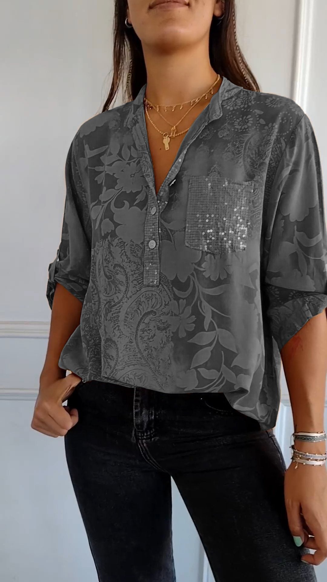 Eaksone - V-neck Half-button Printed Top