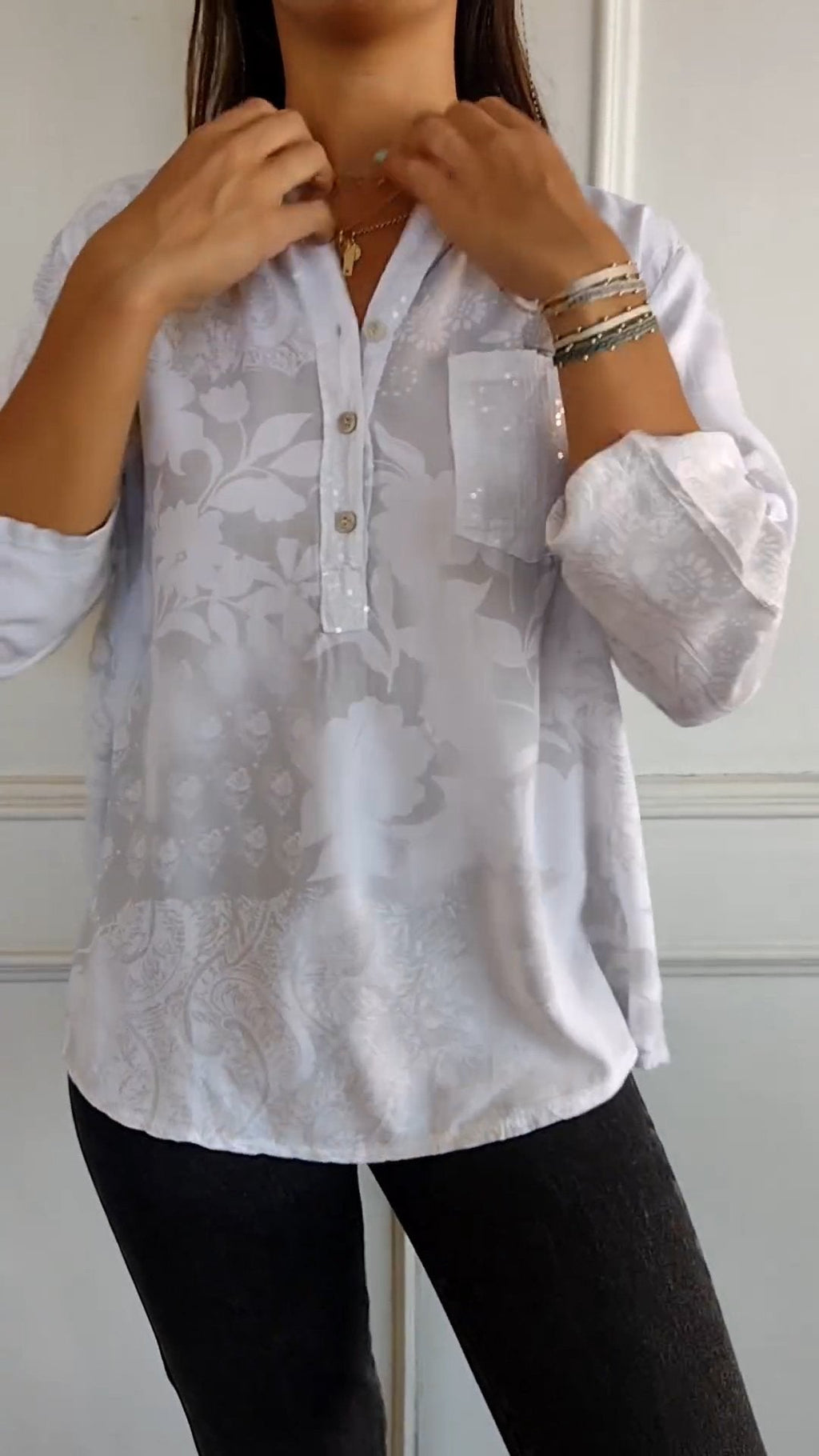 Eaksone - V-neck Half-button Printed Top