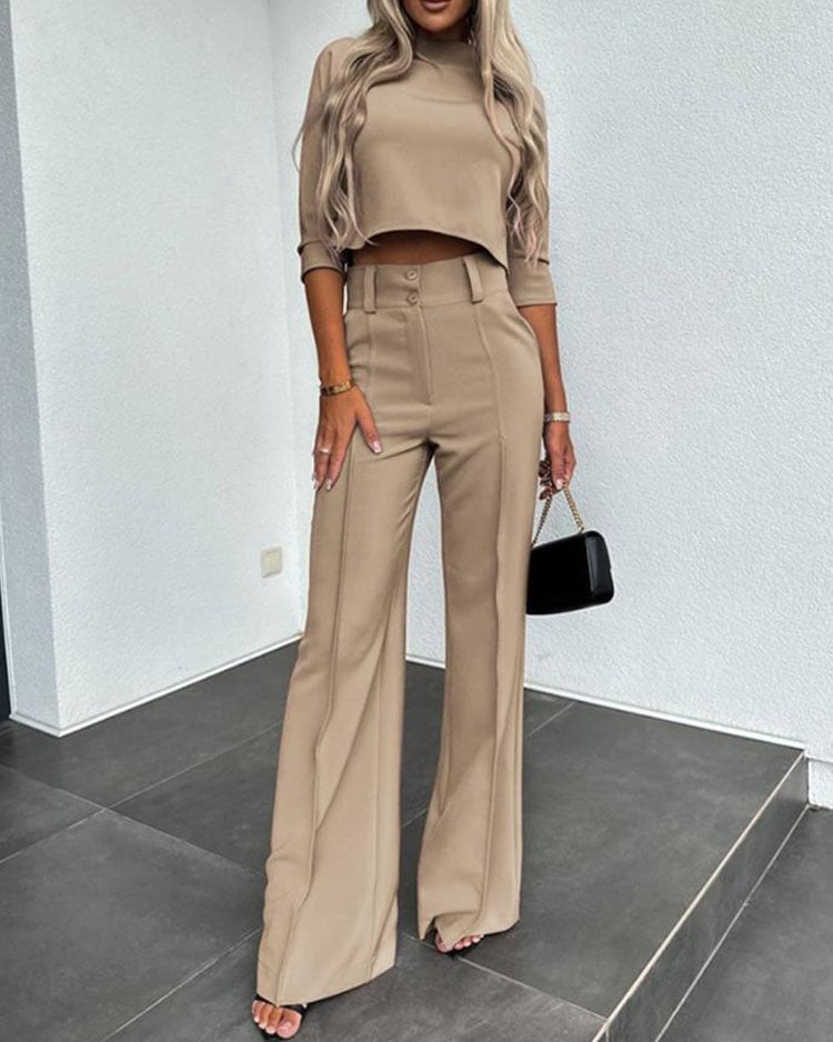 Eaksone - Fashionable solid color high waisted straight pants suit