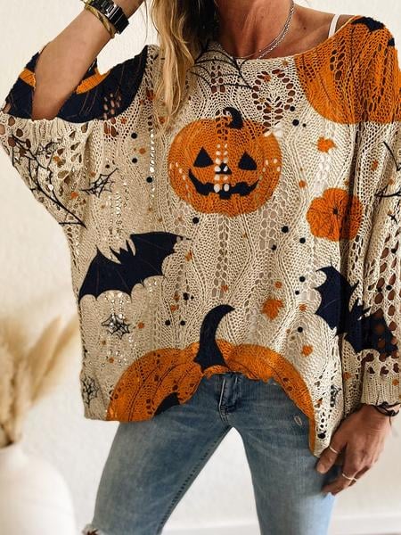 Eaksone - Women's Halloween Pumpkin Print Long Sleeve Knit Top