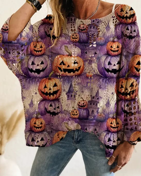 Eaksone - Women's Halloween Pumpkin Print Long Sleeve Knit Top
