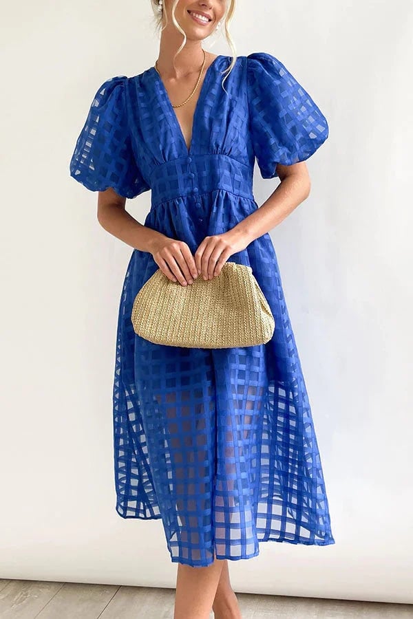 Eaksone - Beautiful square pattern fabric puff sleeve midi