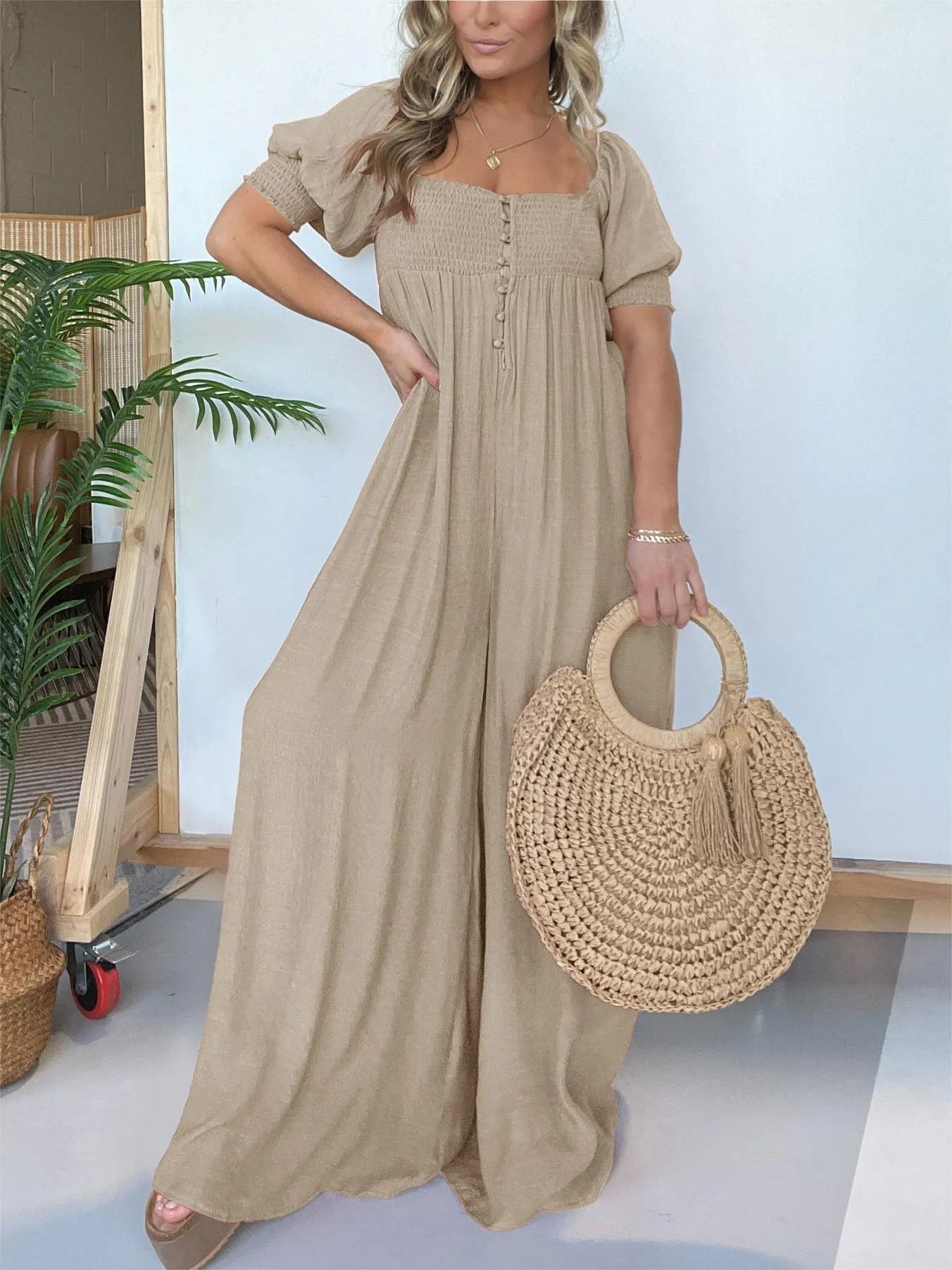 Eaksone - Square Neckline Jumpsuit With Smocked Bodice Button