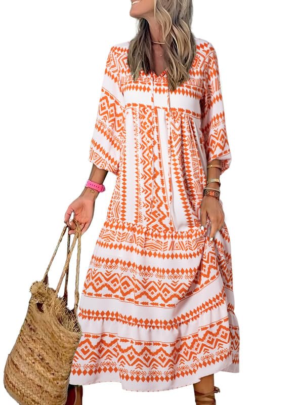Eaksone - Women's Puff Sleeve Floral Boho Maxi Dress