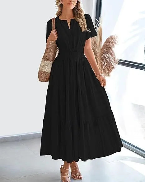 Eaksone - v-neck pleated puff sleeve dress black