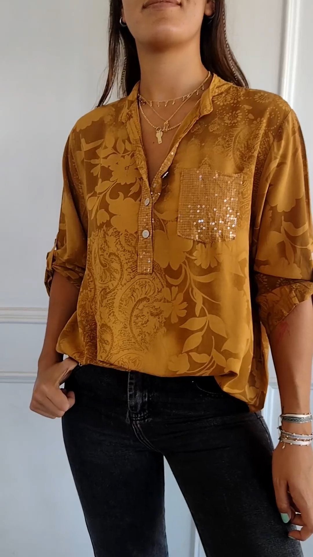 Eaksone - V-neck Half-button Printed Top