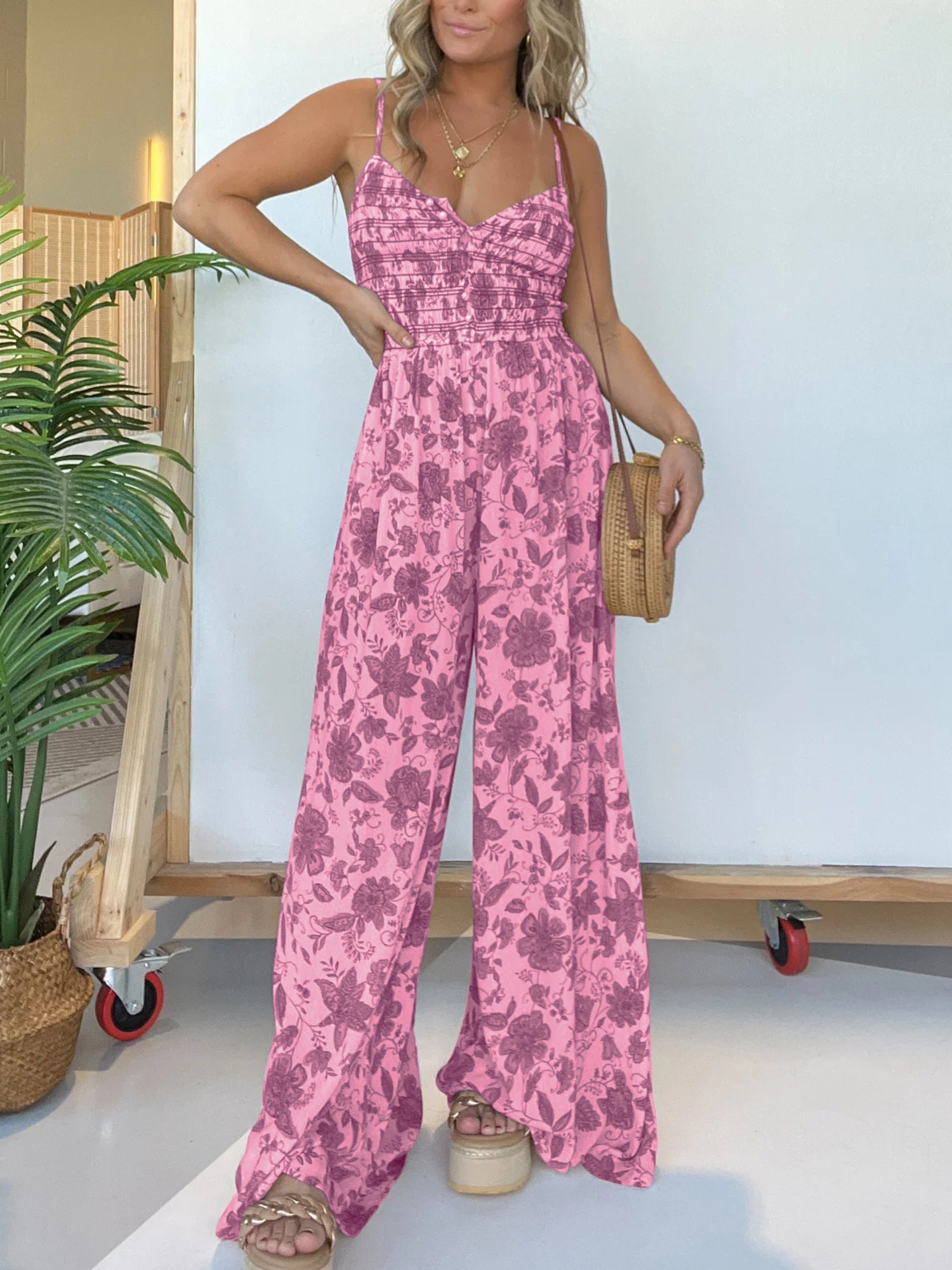 Eaksone - Floral Suspender Wide-leg Jumpsuit