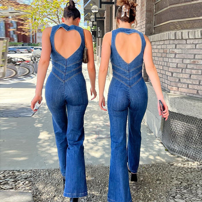 Eaksone - Heart Shaped Backless Denim Jumpsuit