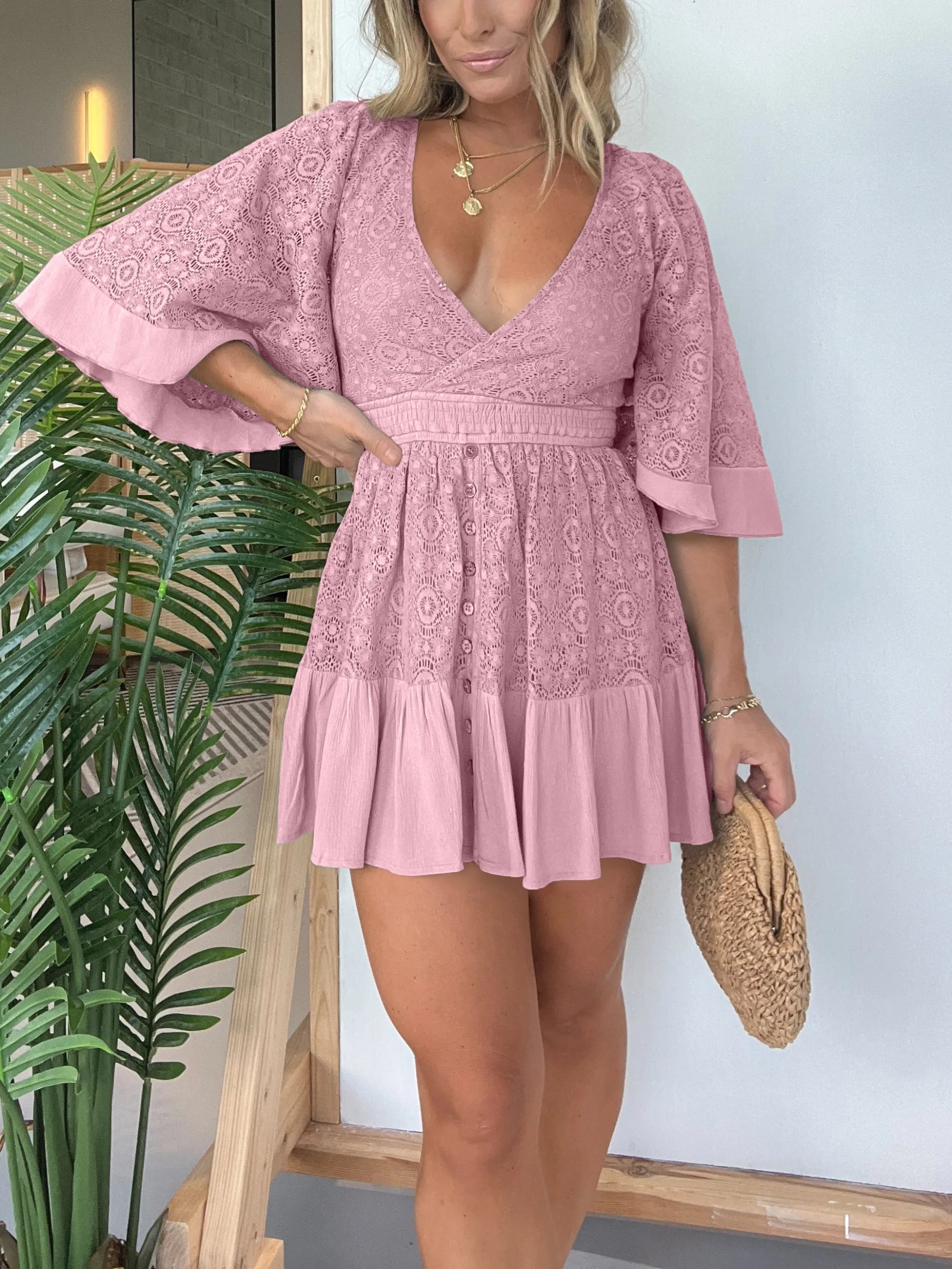 Eaksone - Women's Lace Crochet Dress Built-in Shorts