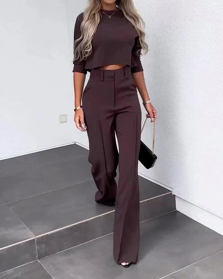 Eaksone - Fashionable solid color high waisted straight pants suit