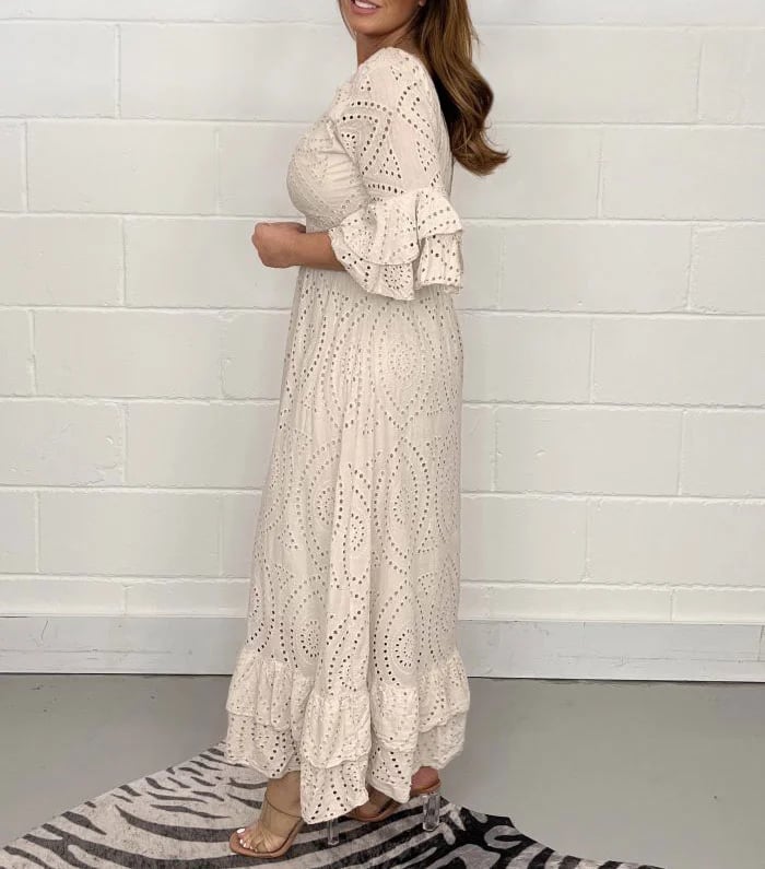 Eaksone - Embroidery Frill Sleeve Midi Dress