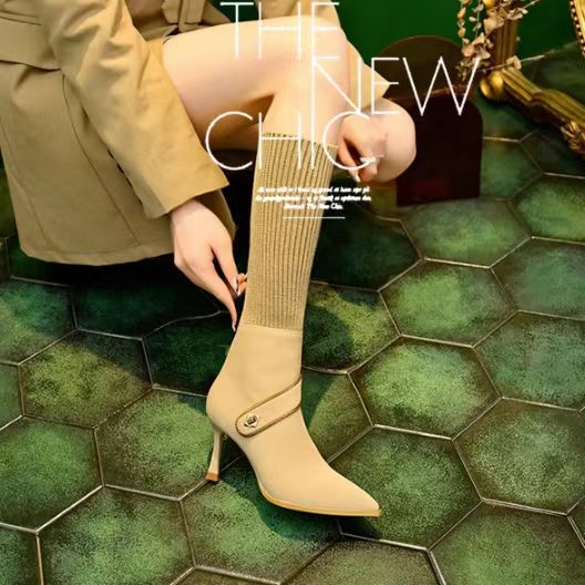 Eaksone - Knitted Long Lointed Toe Stiletto Boots