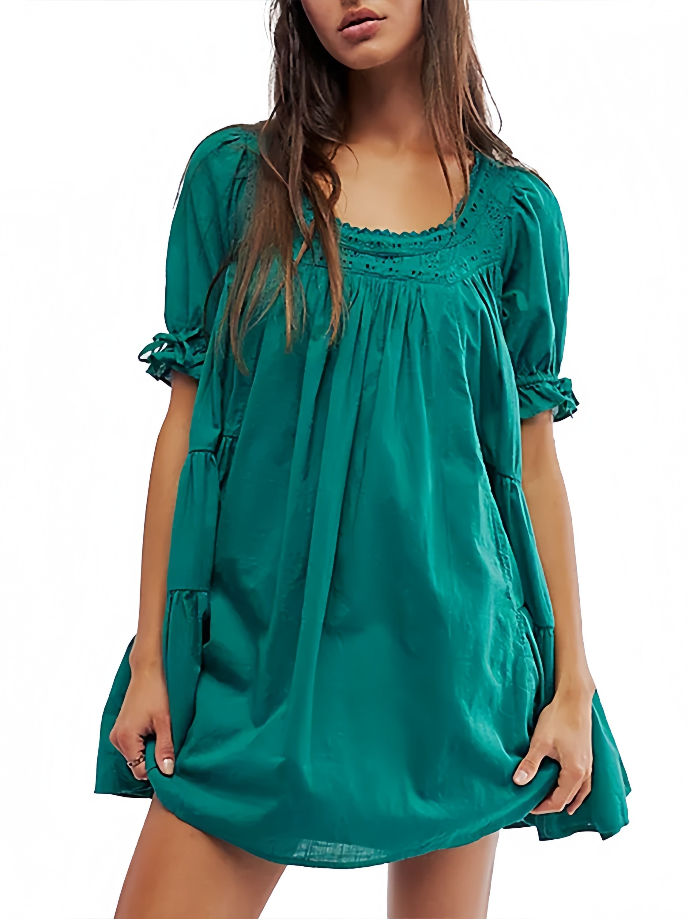 Ruffled Solid Short Puff Sleeve Midi Dress Loose One-Line Midi Dress