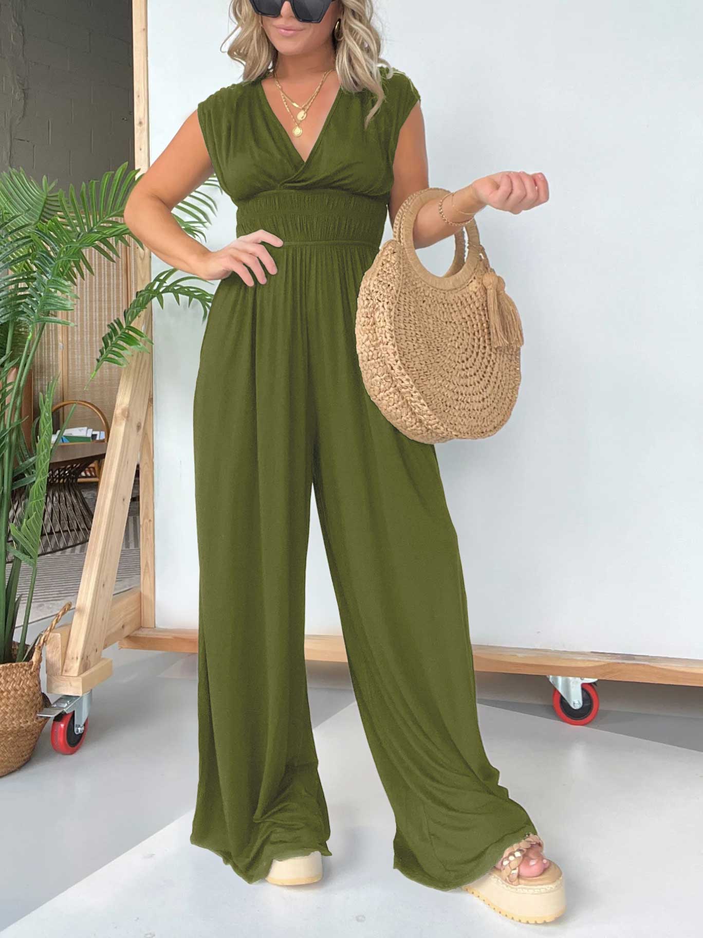 Eaksone - V-Neckline Wide Leg Jumpsuit with Adjustable Back Tie