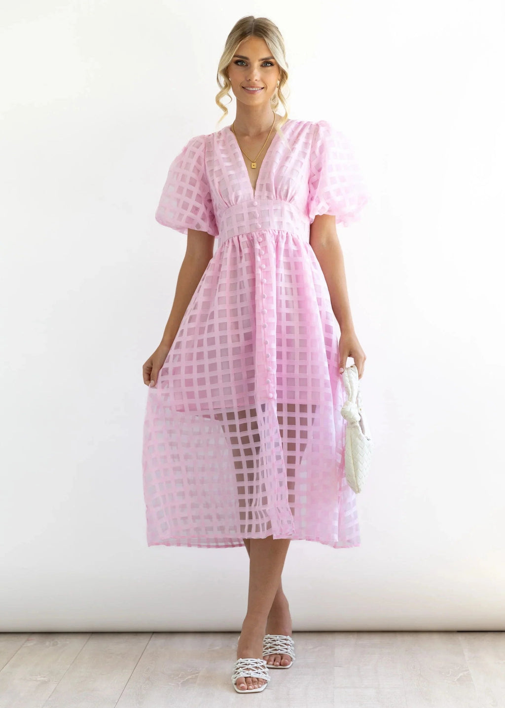 Eaksone - Beautiful square pattern fabric puff sleeve midi