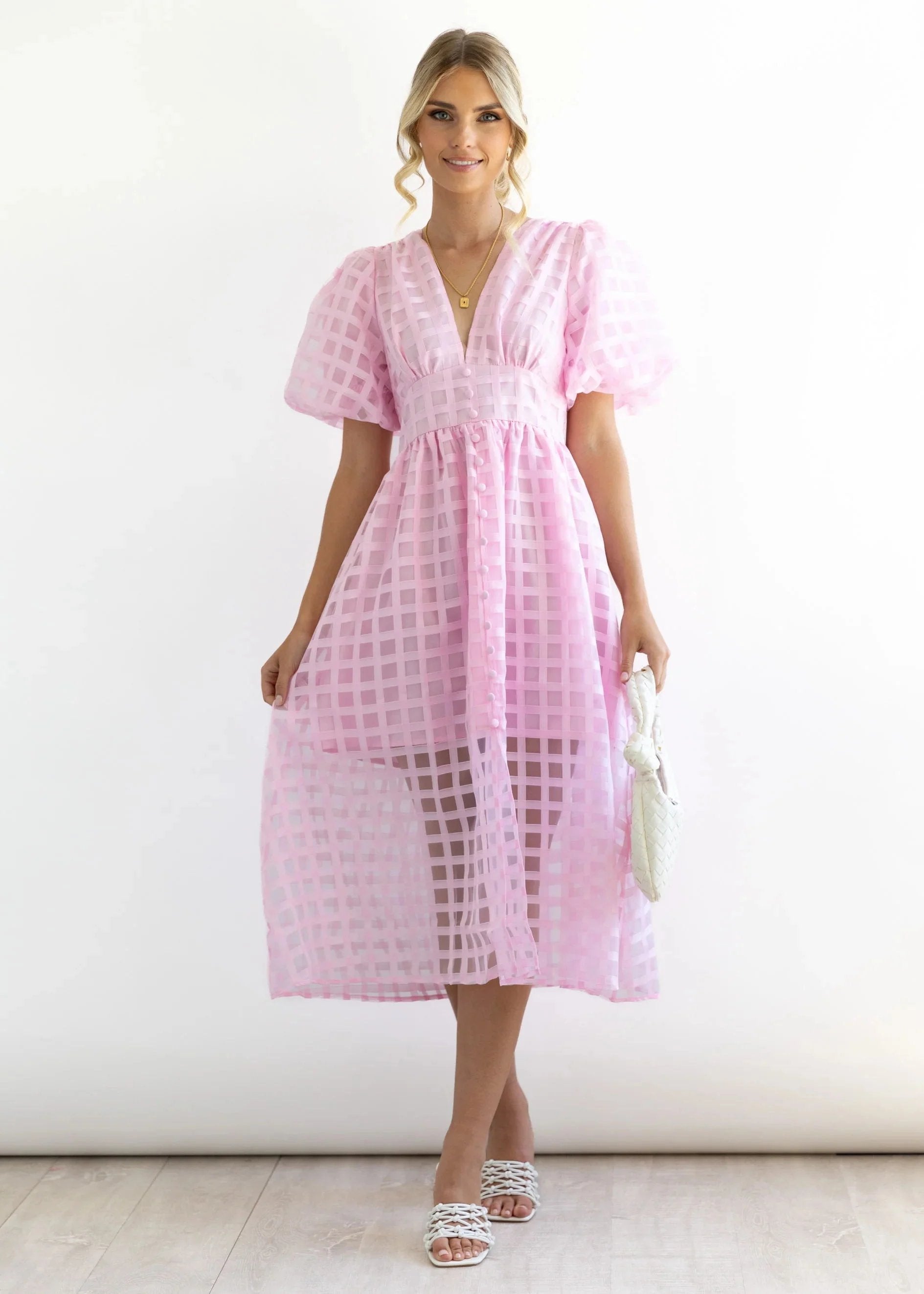 Eaksone - Beautiful square pattern fabric puff sleeve midi
