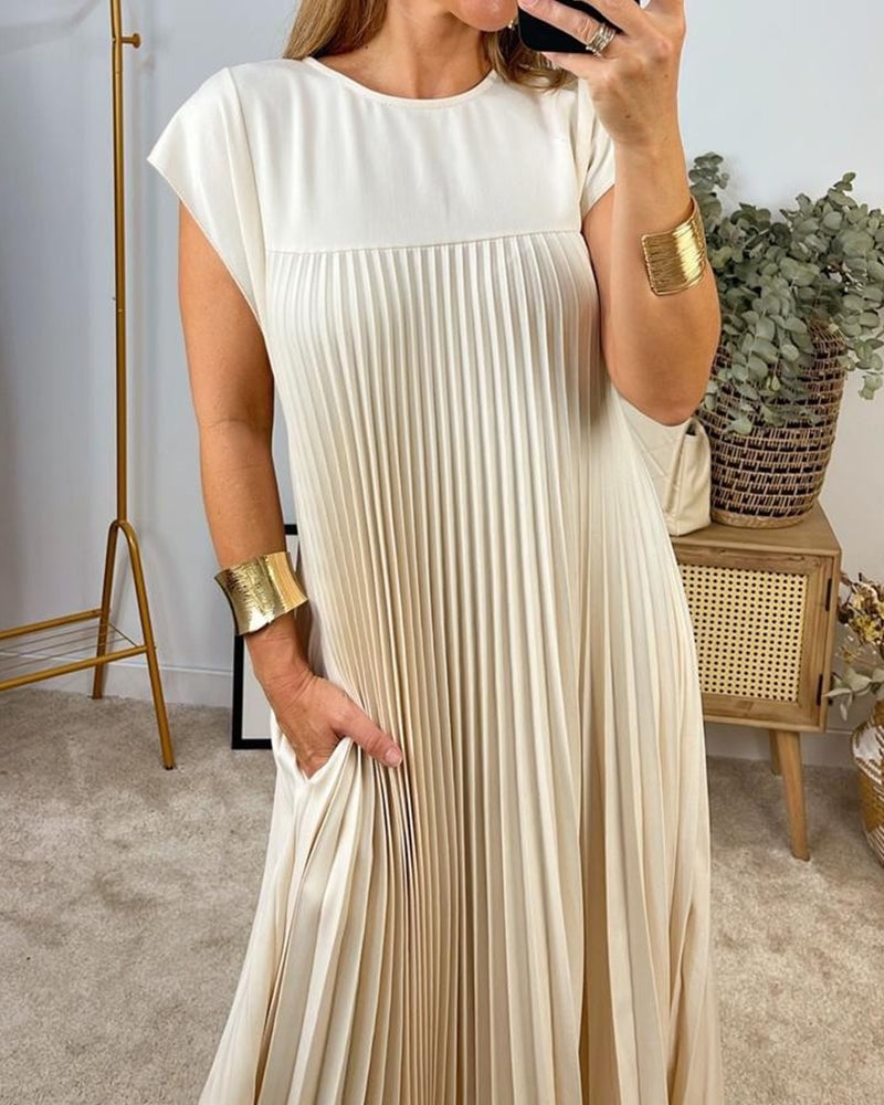 Eaksone - Women Pleated Simple Solid Color Dress
