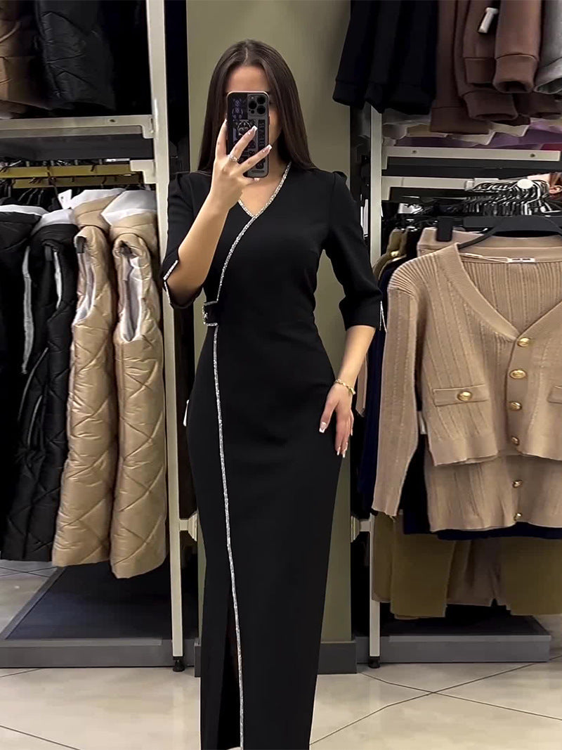 Eaksone - V-neck Slim Fit Temperament  Dress