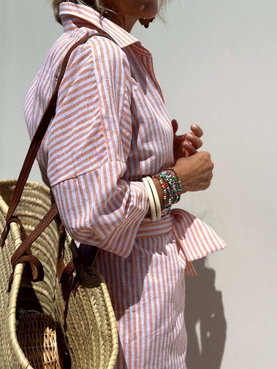 Eaksone - Classic Striped Lace-Up Shirt Dress