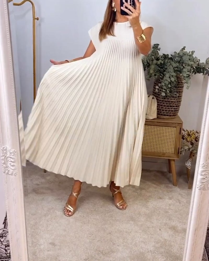 Eaksone - Women Pleated Simple Solid Color Dress