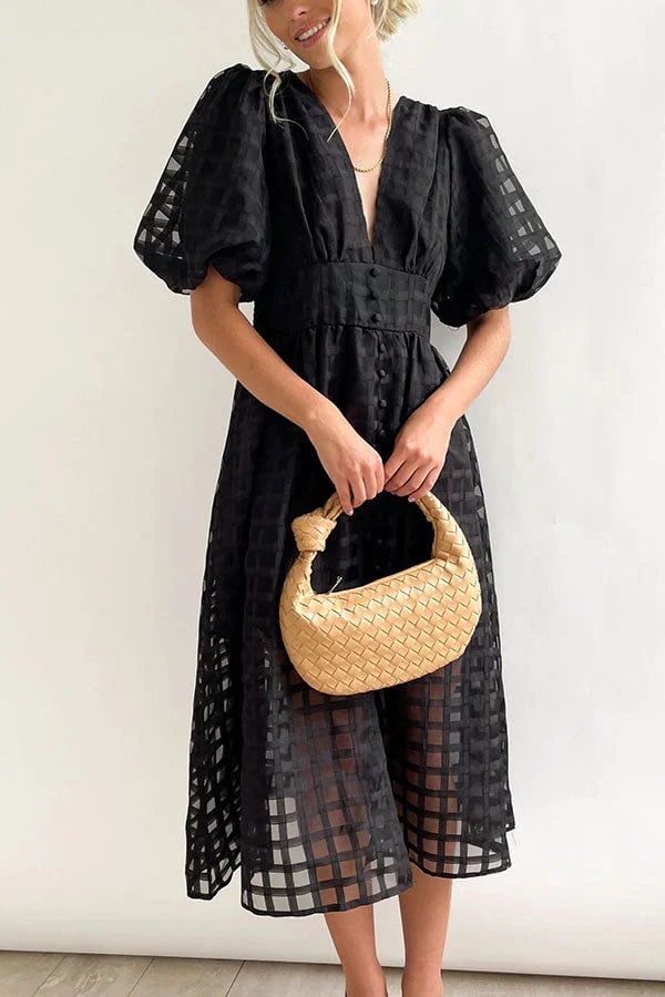 Eaksone - Beautiful square pattern fabric puff sleeve midi
