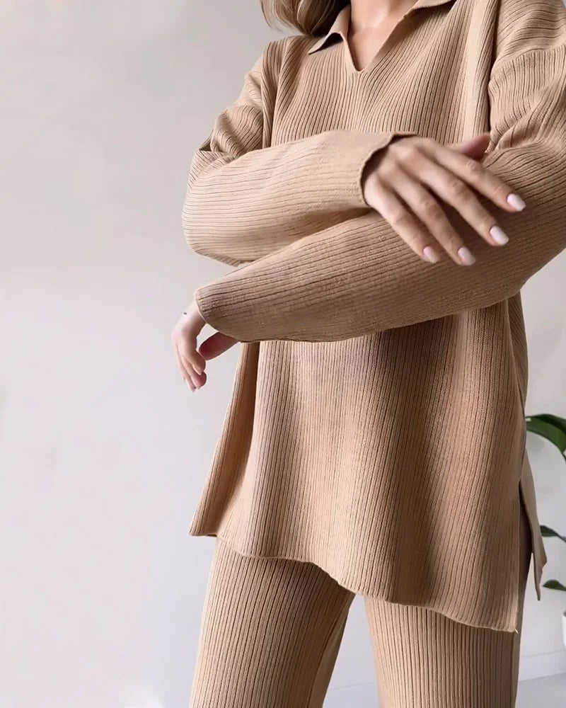 Eaksone - V-neck casual slit knitted two-piece set